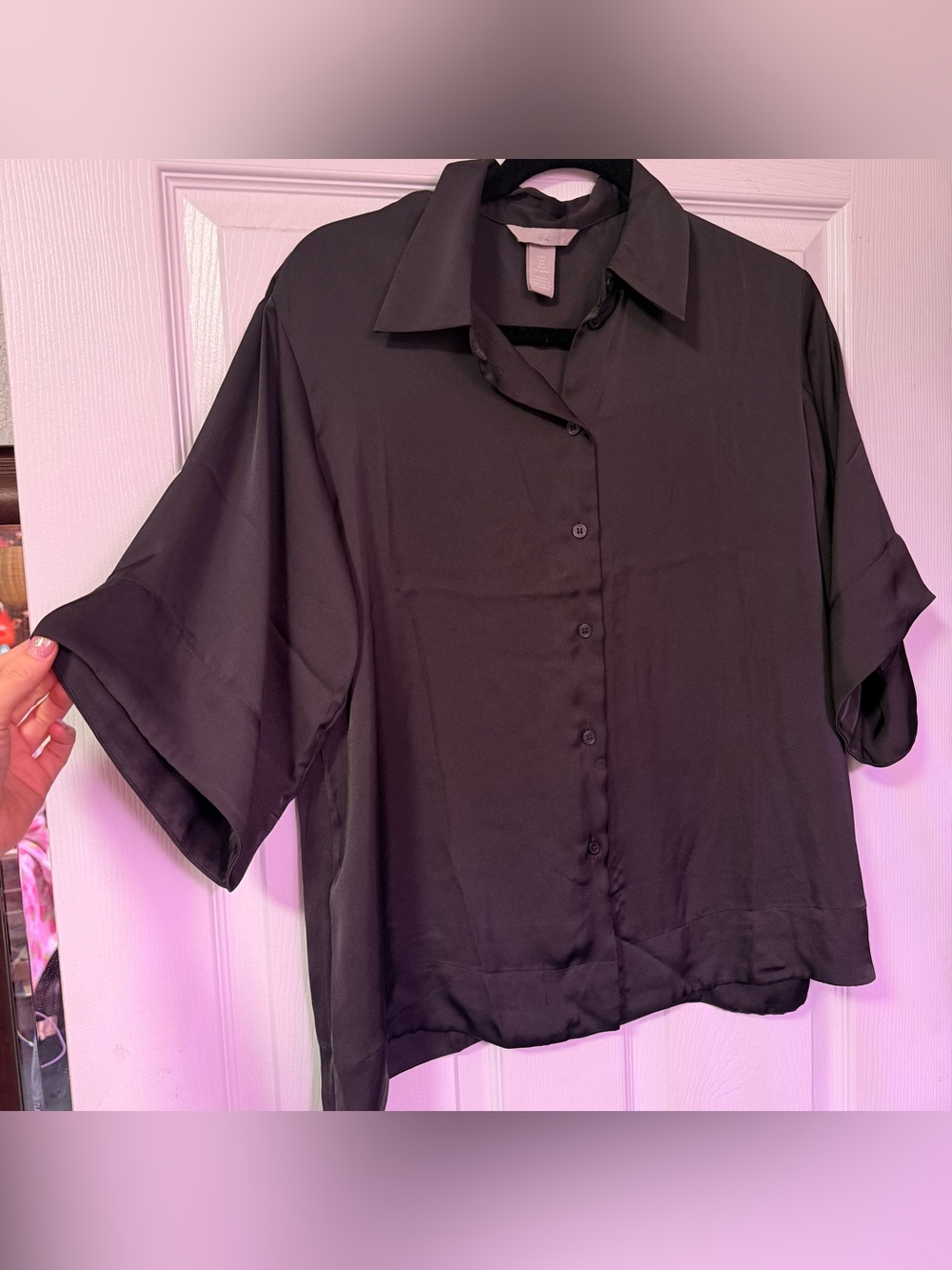 H&M Satin Cropped Blouse Black Silky Button Up Loose Fit Small